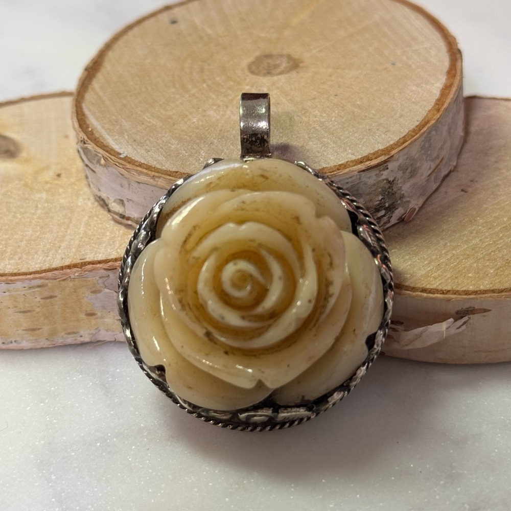 Ivory Rose Pendant Necklace with Ornate Metal Frame
